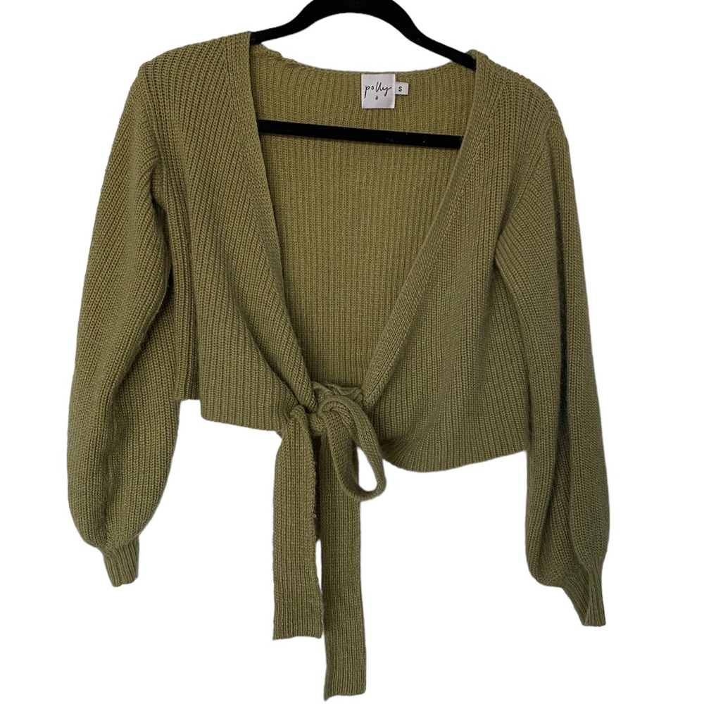 POLLY Women’s Green Knit Cropped Front Tie Sweater  Size: Small